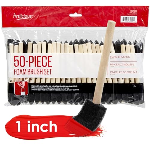 Artlicious Foam Brush Set - Pack of 50 Disposable, 1-inch Sponge Paint Brushes for Acrylic Painting, Staining, Varnishes & DIY Craft Projects - Art Supplies - size: 1 Inch - 50 Pack
