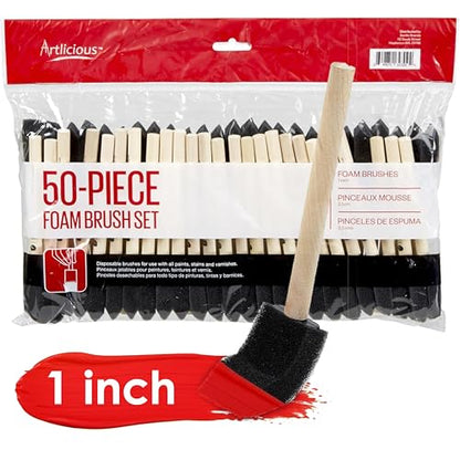 Artlicious Foam Brush Set - Pack of 50 Disposable, 1-inch Sponge Paint Brushes for Acrylic Painting, Staining, Varnishes & DIY Craft Projects - Art Supplies - size: 1 Inch - 50 Pack