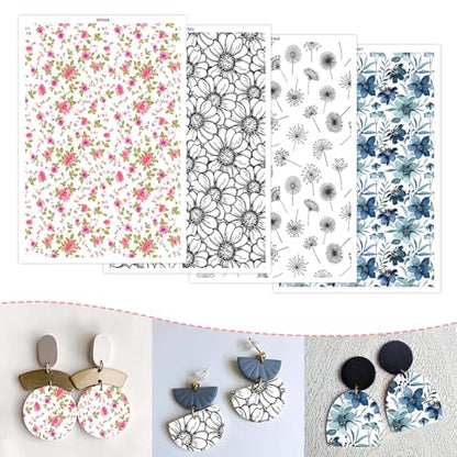 20 Pcs Clay Transfer Paper for DIY Art Crafts, Colorful Bloom Flowers 4 Pattern Design Water Polymer Clay Transfer Sheets Transfer Paper for Polymer Clay Jewelry Earrings Making Supplies 5.82X3.93" - color: 4 Patterns Sets