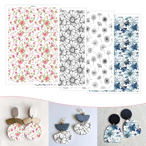 20 Pcs Clay Transfer Paper for DIY Art Crafts, Colorful Bloom Flowers 4 Pattern Design Water Polymer Clay Transfer Sheets Transfer Paper for Polymer Clay Jewelry Earrings Making Supplies 5.82X3.93" - color: 4 Patterns Sets