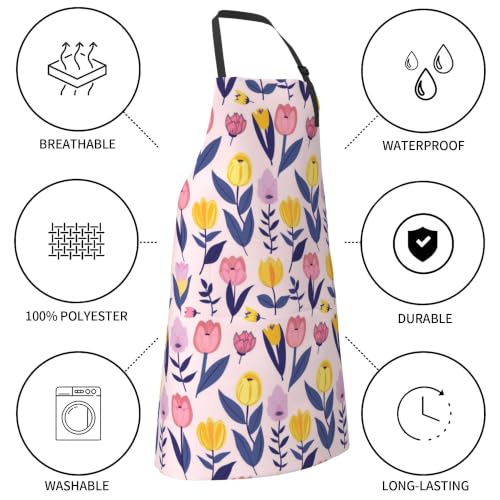 Cream Pastel Wildflower Art Waterproof Apron with Pockets | Garden Aprons for Men Women Adjustable Bib Apron for Cooking Kitchen Baking BBQ Painting Housework Oil Resistant - color: Playful Spring Bloom