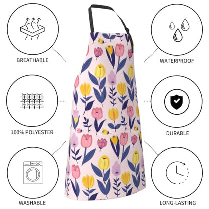 Cream Pastel Wildflower Art Waterproof Apron with Pockets | Garden Aprons for Men Women Adjustable Bib Apron for Cooking Kitchen Baking BBQ Painting Housework Oil Resistant - color: Playful Spring Bloom