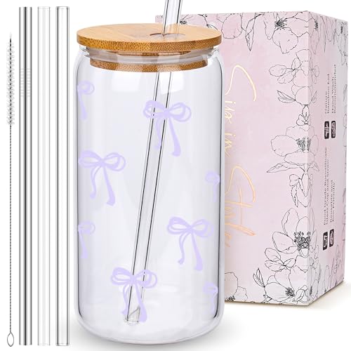 Coquette Cute Lavender Light Purple Bow Glass Cups with Lids and Straws, Aesthetic Iced Coffee Cup Preppy Room Decor, Christmas Valentines Birthday Gifts for Women, Teen Girl Gifts Trendy Stuff - color: 02-Bow-Lavender