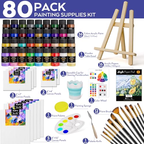 Nicpro Acrylic Paint Canvas Set for Adults, 80PCS Art Painting Supplies Kit with 36 Paints(36ML), Table Wood Easel,10 Canvas Panels,12 Paint Brushes,Paper Pad, Cup, Palette for Beginner Artist Adults - color: 36 colors