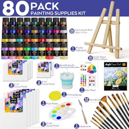 Nicpro Acrylic Paint Canvas Set for Adults, 80PCS Art Painting Supplies Kit with 36 Paints(36ML), Table Wood Easel,10 Canvas Panels,12 Paint Brushes,Paper Pad, Cup, Palette for Beginner Artist Adults - color: 36 colors