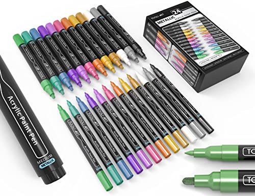 Acrylic Paint Markers Paint Pens Special Colors Set Extra Fine And Medium Tip Combo For Rock Painting, Canvas, Fabric, Glass, Mugs, Wood, Ceramics, Plastic, Multi-Surface. Non Toxic, (METALLIC) - color: Metallic