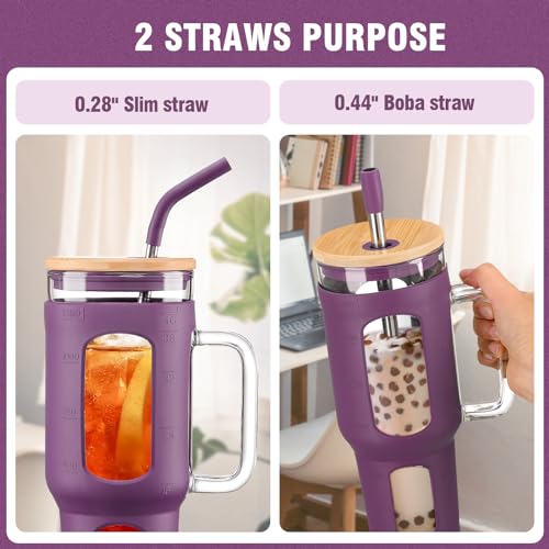 Glass Tumbler with Lid and Straw, 46 oz Iced Coffee Cup with Handle, Glass Water Bottles with Silicone Sleeve, BPA Free-Dark Purple - color: Dark Purple, size: 46 Ounces