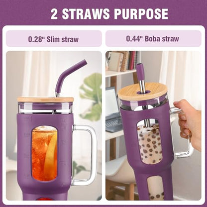 Glass Tumbler with Lid and Straw, 46 oz Iced Coffee Cup with Handle, Glass Water Bottles with Silicone Sleeve, BPA Free-Dark Purple - color: Dark Purple, size: 46 Ounces