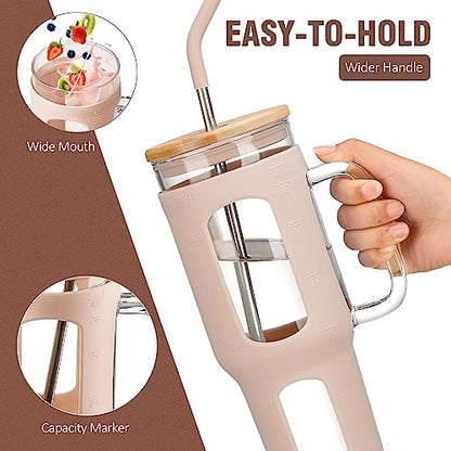 WINSA Glass Tumbler with Lid and Straw, 46 oz Iced Coffee Cup with Handle, Large Water Bottles with Silicone Sleeve, Glass Cup with Straws - Pearl Straw & Drinking Straw BPA Free-Amber - color: Amber, size: 46 Ounces