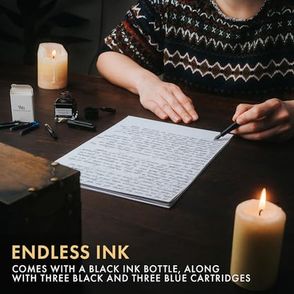Wordsworth & Black Fountain Pen Set, 18K Gilded Medium and Extra Fine Nib, 25ML Black Ink Bottle, 6 Ink Cartridges,Refill Converter,Gift Box,Smooth Writing Pens [All Black],Gift Set for Men and Women - color: All Black