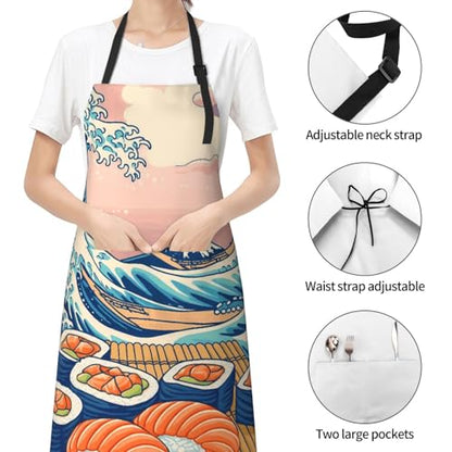 KKdskkds Tribal Boho Geometric Multi-Purpose Adjustable Waterproof Apron With Pocket For Men Women - color: Sushi Wave and Fujiyama