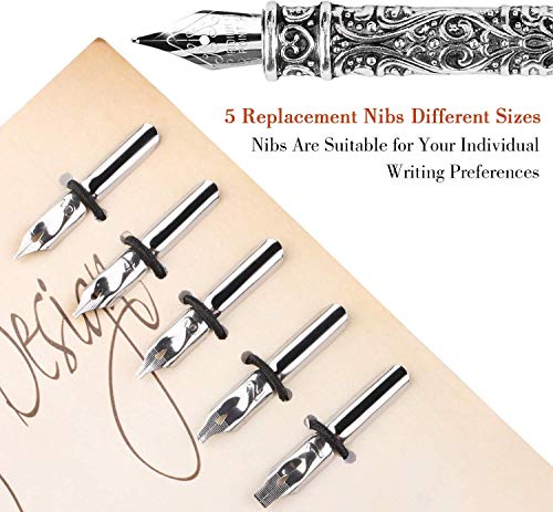 Quill Pen, Hand Made Antique Quill Dip Pen, Calligraphy Writing Pen for Students Officer, Write Smoothly, Executive Gift with Empty Ink Bottle, 6 PCS Nib for Art
