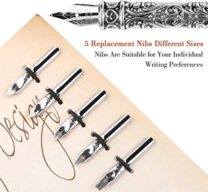 Quill Pen, Hand Made Antique Quill Dip Pen, Calligraphy Writing Pen for Students Officer, Write Smoothly, Executive Gift with Empty Ink Bottle, 6 PCS Nib for Art
