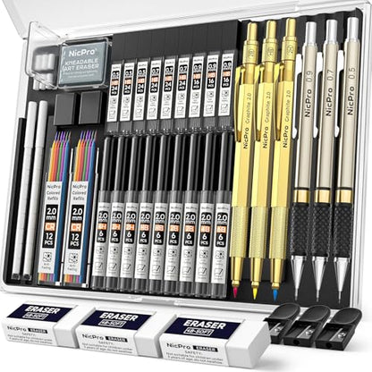 Nicpro 35PCS Gold Art Mechanical Pencils Set, 3 PCS Metal Drafting Pencil 0.5 mm & 0.7 mm & 0.9 mm & 3 PCS 2mm Lead Holder (6B 4B 2B HB 2H 4H Colors) For Sketching Drawing With 20 Tube Lead Refills - color: Gold, style: 0.5 0.7 0.9 2.0