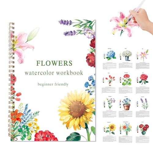 Flowers Watercolor Workbook, Presketched Watercolor Book | 12 Flowers Paintings, Water Color Book, For Adults & Beginners, Art Kit Supplies, Creative Gift - color: A-Flowers without paints