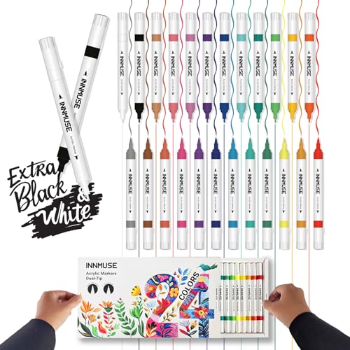 24 Colors (26 Markers) Dual Tip Acrylic Paint Pens Set Includes Extra White & Black, 0.7mm Extra Fine Tip and Brush Tip, Permanent Acrylic Paint Markers for Rock, Fabric, Porcelain, Wood