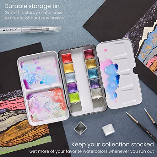 ARTEZA Watercolor Paint Set, 12 Metallic Watercolor Paints, Glitter Watercolor Paint in Half Pans, Travel Watercolor Set - style: Metallic & Iridescent, Set of 12