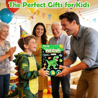 FUNNYB&G Foil Art Craft Kit for Boys 4-10 Years Old: Mess-Free & No-Glue, Create 16 Sparkly Dinosaur World Pictures – Perfect Travel Toy & Birthday Gift for Kids (Dinosaur World) - style: Dinosaur World