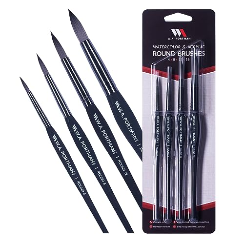 WA Portman Round Watercolor Paint Brushes Professional 4pc Set – 100% Vegan, Cruelty-Free Round Paint Brushes for Acrylic Painting with Triangular Comfort Grip – Precision Art Brush for Artists - color: Round