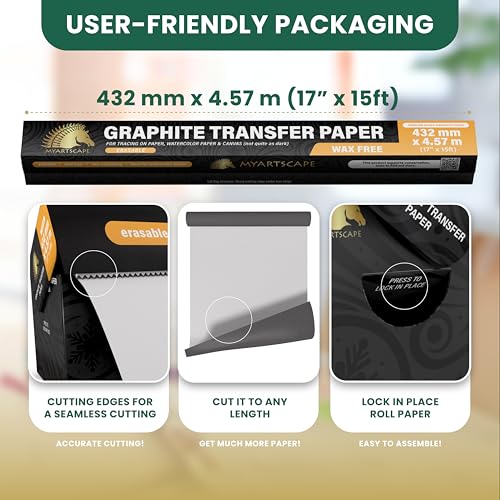 MyArtscape Graphite Transfer Paper Roll, Wax-Free, 17" x 15ft Paper Roll with Graphite Transfer Paper, 20 Red Sheets - Wax-Free - Erasable
