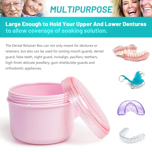 Denture Case with Denture Brush, Waterproof Denture Bath with Portable Denture Brush Holder,Partial Denture Case with Basket denture cups for soaking dentures (pink) - color: pink