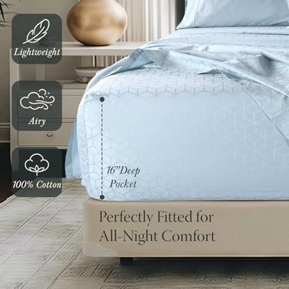 Threadmill Egyptian Cotton Sheets for King Size Bed | 100% Certified Egyptian Cotton King Bed Sheets Set | Snug Fit Elastic Deep Pocket King Sheets Soft, Breathable Damask Jacquard | Light Blue - color: Light Blue Cadence, size: King