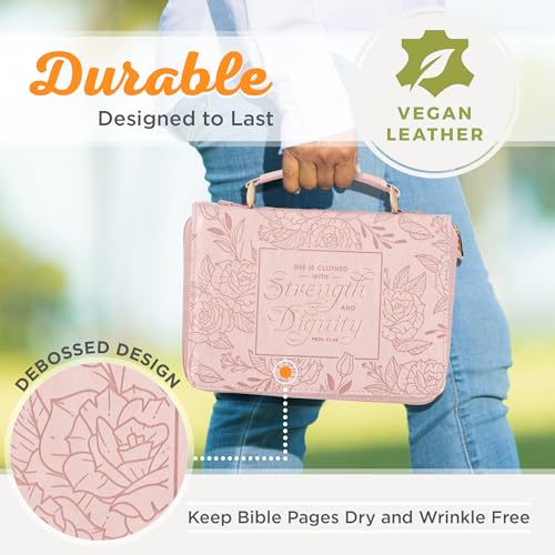 Christian Art Gifts Premium Vegan Leather Fashion Floral Bible Cover for Women: Strength & Dignity - Prov. 31:25 Inspirational Scripture Verse Carry Case w/Pockets & Pen Storage, Pink & Gold, Medium - size: Medium
