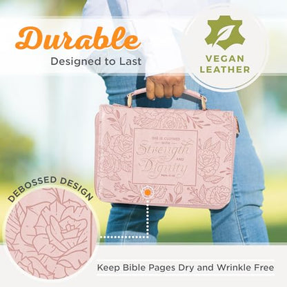 Christian Art Gifts Premium Vegan Leather Fashion Floral Bible Cover for Women: Strength & Dignity - Prov. 31:25 Inspirational Scripture Verse Carry Case w/Pockets & Pen Storage, Pink & Gold, Medium - size: Medium