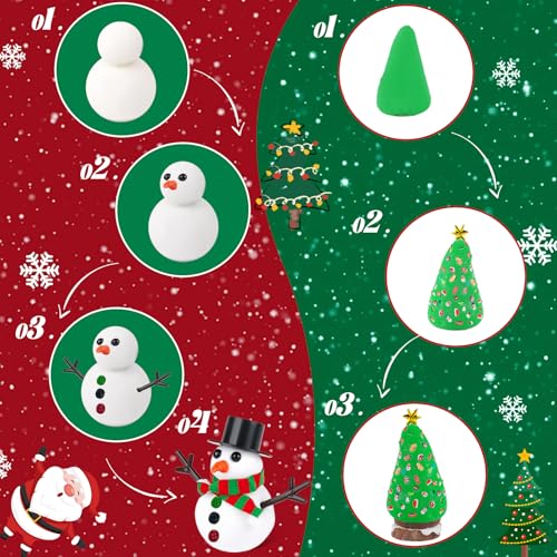 FIIOEOY 24 Pack Build a Snowman & Christmas Trees Clay Kit for Kids – Colorful Air Dry Clay Christmas Craft Set, Modeling Craft DIY Set, 2-in-1 Snowman Tree Activity, Creative Xmas Gift for Boys Girls