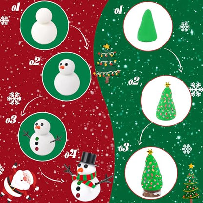 FIIOEOY 24 Pack Build a Snowman & Christmas Trees Clay Kit for Kids – Colorful Air Dry Clay Christmas Craft Set, Modeling Craft DIY Set, 2-in-1 Snowman Tree Activity, Creative Xmas Gift for Boys Girls
