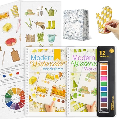 2Pcs Watercolor Workbook with Step by Step for Beginner, Beginner-Friendly Water Coloring Book with 12 Colors Paint, Watercolor Paper, Beginner Watercolor Painting Kit, Watercolor Coloring Book - style: Kitchen & Garden