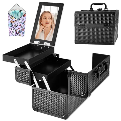 Makeup Train Case, Portable Makeup Case with Mirror, 2-Trays Cosmetic Organizer Case,Nail Polish Organizer, Travel Makeup Box, Profesional for Salon Barber, Black - color: Black