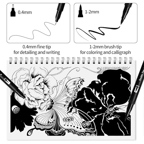 Surcotto Black Markers for Drawing,12 Pack Drawing Pens, Brush Pens with Felt Tips for Artists, Dual Tip Brush Fineliners Pens, Calligraphy Pens, for Art Drawing Sketching Journaling, Black