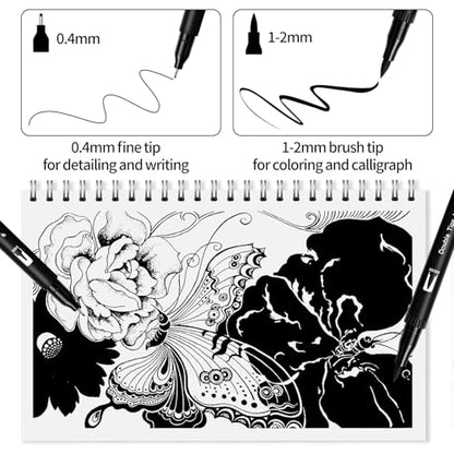 Surcotto Black Markers for Drawing,12 Pack Drawing Pens, Brush Pens with Felt Tips for Artists, Dual Tip Brush Fineliners Pens, Calligraphy Pens, for Art Drawing Sketching Journaling, Black