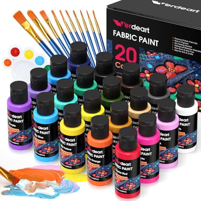 Fabric Paint, 20 Colors Permanent Soft Fabric Paint Set for Clothes in Bottles (60ml/2oz) with 10 Brushes, Palette - size: 2 Fl Oz (Pack of 20)