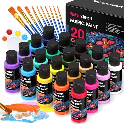 Fabric Paint, 20 Colors Permanent Soft Fabric Paint Set for Clothes in Bottles (60ml/2oz) with 10 Brushes, Palette - size: 2 Fl Oz (Pack of 20)