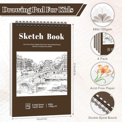 4 Pack Small Sketch Books, 5.5 x 8.5 Inch Mini Sketchbook, 68lb/100gsm Spiral Bound Small Sketch Pad, Acid Free Art Supplies Drawing Painting Sketchbook for Kids, Beginners, Artists (Yellow-Brown) - color: Tan, size: 5.5 × 8.5Inch（4 Pack）