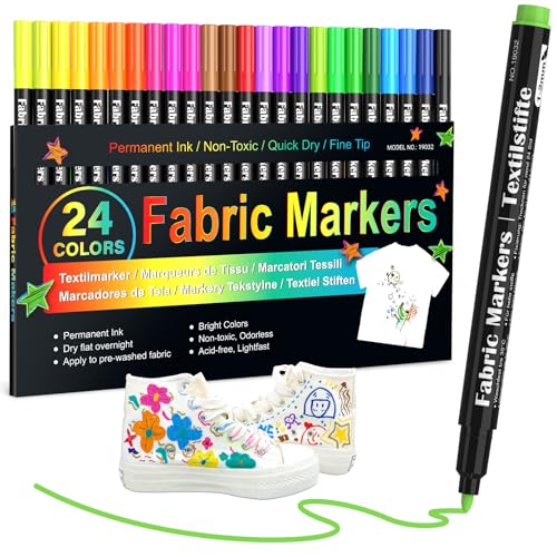 JR.WHITE Fabric Markers Permanent for T Shirts Clothes Onesies Bibs White Pillow Canvas Tote Bags Clothing Textiles - No Bleed - Fine Tip - Safe & Non Toxic Fabric Paint Pens Set of 24 Colors