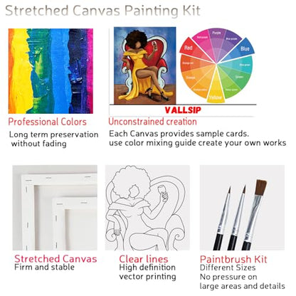 VALLSIP 2 Pack Paint and Sip Canvas Painting Kit Pre Drawn Canvas for Painting for Adults Stretched Canvas Couples Games Date Night Afro Elegant Gentleman Lady Couple Paint Party Supplies Favor - style: Painting Kit Plus