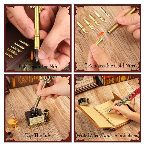GrnVibe Feather Quill Pen and Ink Set,Antique Calligraphy Set with Leather Journal Notebook,Feather Pen,5 Gold Nibs,Pen Holder,Ink,Calligraphy Kits for Beginners Christmas Gift - color: Red