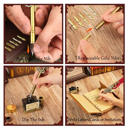 GrnVibe Feather Quill Pen and Ink Set,Antique Calligraphy Set with Leather Journal Notebook,Feather Pen,5 Gold Nibs,Pen Holder,Ink,Calligraphy Kits for Beginners Christmas Gift - color: Red