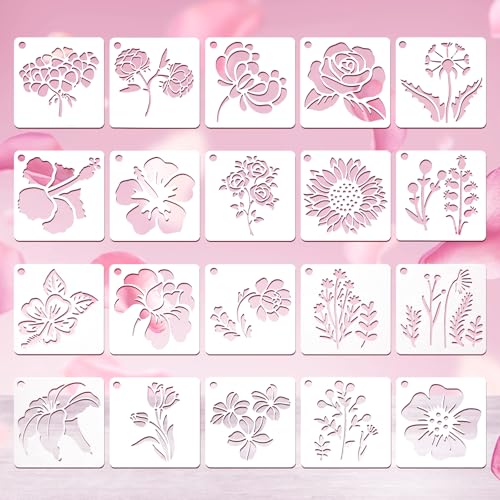 20 Pcs Flower Stencils for Crafts Reusable Flower Stencils for Painting on Wood Paintings Crafts Templates Drawing Stencil for Painting on Wood Rocks Canvas Fabric Glass Pottery