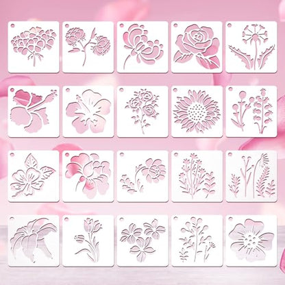 20 Pcs Flower Stencils for Crafts Reusable Flower Stencils for Painting on Wood Paintings Crafts Templates Drawing Stencil for Painting on Wood Rocks Canvas Fabric Glass Pottery