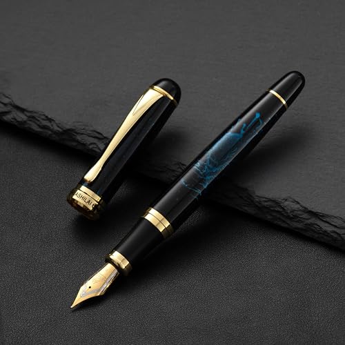 Luxury Fountain Pen Set – 46g Metal Calligraphy Pen with Gift Box, 2 Ink Cartridge Sets (Black & Blue), Flex Nib Writing Pen for Beginners & Professionals (Black with Blue Fireworks) - color: Black with Blue Fireworks