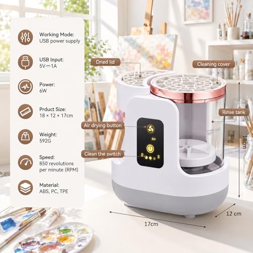 Electric Paint Brush Cleaner, Portable Paint Brush Washer with Air Dry Rack, Reusable Cleaning Container for Acrylic, Watercolor, Oil Painting, Artists, Classroom, Studio
