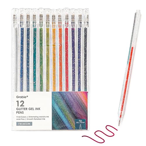 Grabie Capped Glitter Gel Pens, 12 Colors Metallic Sparkle Gel Ink Pens for Adult Coloring Books, Drawing, Journaling & DIY Crafts, Vibrant Neon & Colored Gel Pens, Smooth Writing Art Pens - color: 12 Colors Capped Glitter Gel Ink Pens