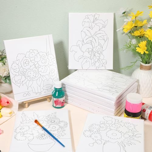 Zhanmai 72 Pcs 12 Sets Sip and Paint Kit Pre Drawn Canvas for Painting 8" x 10" Paint Party Canvas Painting Pre Printed Canvases for Party Favor DIY Virtual Adult's Date Night(Plant) - style: Flower