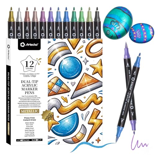 Artecho Acrylic Paint Markers 12 Metallic Colors, for Stone, Rock Painting, Paper, Pumpkin, Wood, Egg, Canvas, Ceramic, Fabric, leather, Glass, DIY Crafts - color: 12 Colors Metallic