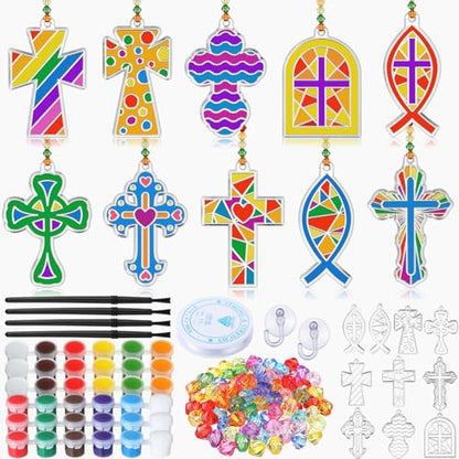 WinnerWhy 30 Sets Christian Cross Craft Kits Bulk, Religious VBS DIY Suncatcher Paint Your Own Cross Window Art Ornaments for Sunday School Church Activity Party Supplies Decoration - style: Cross Style