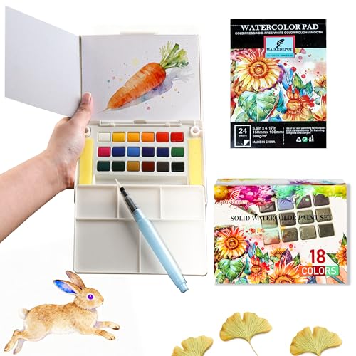 Watercolor Paint Set,Vivid Colors Travel Paint Set Graspable Painting Set Compact Size, Watercolor Kit with Water Brush Pens,24 Sheets Watercolor Papers,3 Online Tutorial Video - 18colors - color: 18 Colors